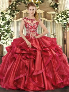 Trendy Appliques and Ruffles Quinceanera Gowns Red Lace Up Cap Sleeves Floor Length