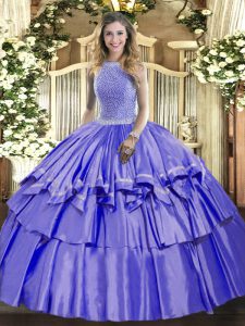 Charming High-neck Sleeveless Lace Up Quinceanera Gown Lavender Organza and Taffeta