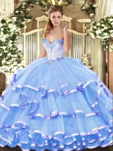 Blue Sweetheart Neckline Beading and Ruffled Layers Quinceanera Gowns Sleeveless Lace Up