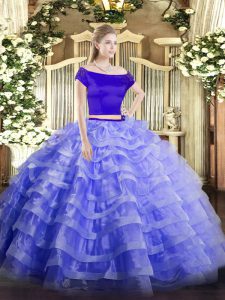 Fantastic Blue Two Pieces Tulle Off The Shoulder Short Sleeves Appliques and Ruffled Layers Floor Length Zipper 15 Quinceanera Dress