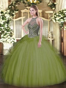Eye-catching Olive Green Lace Up Ball Gown Prom Dress Beading Sleeveless Floor Length
