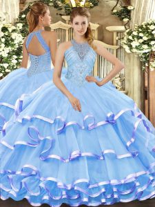 Excellent Floor Length Aqua Blue Quinceanera Dress Organza Sleeveless Beading and Ruffled Layers