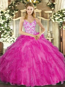 Appliques and Ruffles Quinceanera Gowns Fuchsia Lace Up Sleeveless Floor Length