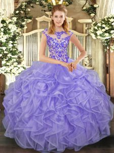 Fabulous Floor Length Ball Gowns Cap Sleeves Lavender Quince Ball Gowns Lace Up
