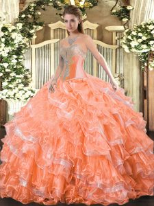 Orange Red Sweetheart Neckline Beading and Ruffled Layers Military Ball Gown Sleeveless Lace Up
