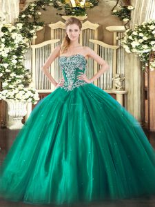 Super Turquoise Tulle Lace Up Quinceanera Dress Sleeveless Floor Length Beading