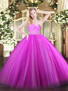 Captivating Floor Length Fuchsia Sweet 16 Quinceanera Dress Tulle Sleeveless Beading and Lace