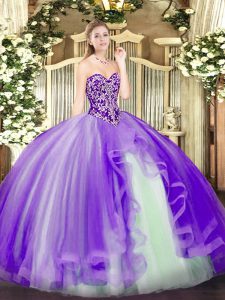 Lavender Tulle Lace Up Sweetheart Sleeveless Floor Length Vestidos de Quinceanera Beading and Ruffles
