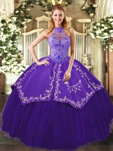 Trendy Halter Top Sleeveless Quinceanera Dress Floor Length Beading and Embroidery Purple Tulle