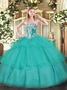 Traditional Sleeveless Tulle Floor Length Lace Up Sweet 16 Quinceanera Dress in Turquoise with Beading and Ruffled Layers