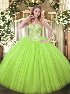 Pretty Yellow Green Ball Gowns Tulle and Sequined Sweetheart Sleeveless Appliques Floor Length Lace Up 15th Birthday Dress