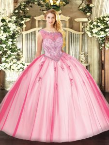 Exceptional Pink Scoop Neckline Beading and Appliques 15th Birthday Dress Sleeveless Zipper