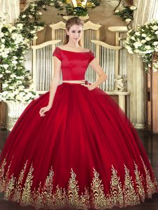 Wine Red Quinceanera Gown Military Ball and Sweet 16 and Quinceanera with Appliques Off The Shoulder Short Sleeves Zipper