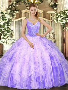 Fantastic Lavender Tulle Lace Up Sweet 16 Quinceanera Dress Sleeveless Floor Length Beading and Ruffles
