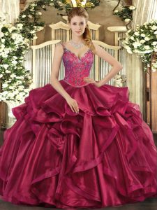 Deluxe Floor Length Lace Up Quinceanera Dress Wine Red for Military Ball and Sweet 16 and Quinceanera with Beading and Ruffles