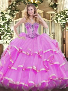 Lilac Sweetheart Lace Up Beading and Ruffles Ball Gown Prom Dress Sleeveless