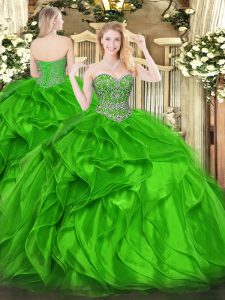 Green Sleeveless Floor Length Beading and Ruffles Lace Up 15th Birthday Dress