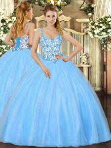 Glorious Baby Blue Ball Gowns Organza Straps Sleeveless Beading and Appliques Floor Length Lace Up Sweet 16 Dresses