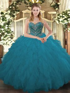 High End Teal Tulle Lace Up Sweetheart Sleeveless Floor Length Sweet 16 Dresses Beading and Ruffled Layers