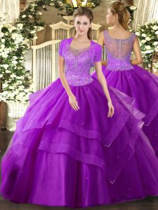 Glorious Scoop Sleeveless Tulle Quinceanera Gowns Beading and Ruffles Clasp Handle