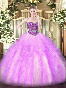 Beading and Ruffles Military Ball Gown Lilac Lace Up Sleeveless Floor Length