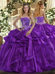 Sweet Floor Length Purple Quinceanera Dress Organza Sleeveless Beading and Ruffles