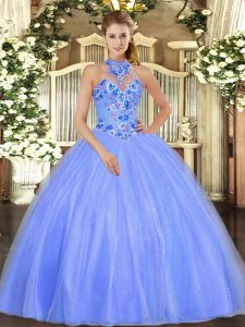 Sleeveless Tulle Floor Length Lace Up Sweet 16 Dress in Blue with Embroidery