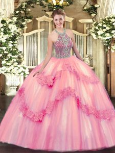 Romantic Baby Pink Tulle Lace Up Halter Top Sleeveless Floor Length Ball Gown Prom Dress Beading and Appliques
