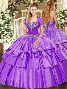 Sumptuous Lavender Ball Gowns Organza and Taffeta Sweetheart Sleeveless Beading and Ruffled Layers Floor Length Lace Up Quinceanera Dress