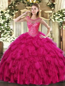 Exceptional Floor Length Fuchsia Quinceanera Dresses Organza Sleeveless Beading and Ruffles