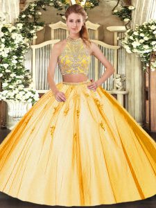 High Quality Two Pieces 15 Quinceanera Dress Gold Halter Top Tulle Sleeveless Floor Length Criss Cross