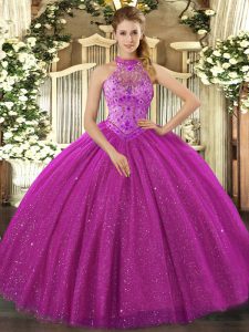 Lovely Sleeveless Floor Length Beading and Embroidery Lace Up 15 Quinceanera Dress with Fuchsia
