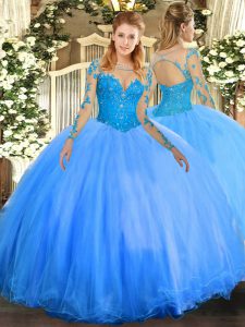 Eye-catching Floor Length Baby Blue Sweet 16 Quinceanera Dress Scoop Long Sleeves Lace Up