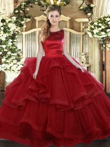 Dynamic Tulle Scoop Sleeveless Lace Up Ruffled Layers Quinceanera Dresses in Wine Red