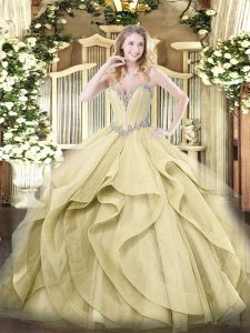 Fashionable Yellow Ball Gowns Beading and Ruffles Sweet 16 Quinceanera Dress Lace Up Tulle Sleeveless Floor Length