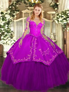 Perfect Ball Gowns Sweet 16 Dress Purple Scoop Organza and Taffeta Long Sleeves Floor Length Lace Up