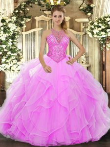 Rose Pink Organza Lace Up High-neck Sleeveless Floor Length Quince Ball Gowns Beading and Ruffles