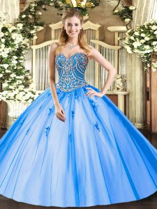 Blue Quinceanera Gown Military Ball and Sweet 16 and Quinceanera with Beading and Appliques Sweetheart Sleeveless Lace Up