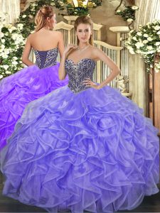 Charming Floor Length Lace Up Quinceanera Gowns Lavender for Military Ball and Sweet 16 and Quinceanera with Beading and Ruffles