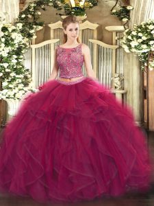Fantastic Fuchsia Two Pieces Beading and Ruffles Quinceanera Gown Lace Up Tulle Sleeveless Floor Length