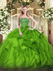 Adorable Organza Lace Up Strapless Sleeveless Floor Length Sweet 16 Dress Beading and Ruffles