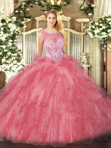 Modern Rose Pink Ball Gowns Beading and Ruffles Quinceanera Gown Zipper Organza Sleeveless