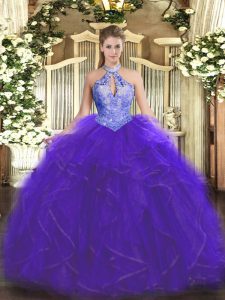 Delicate Purple Lace Up Halter Top Ruffles and Sequins 15th Birthday Dress Organza Sleeveless