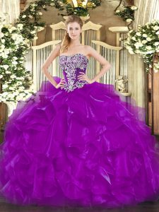 Purple Ball Gowns Strapless Sleeveless Organza Floor Length Lace Up Beading and Ruffles Party Dress Wholesale