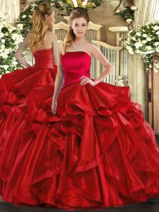 Admirable Red Organza Lace Up Strapless Sleeveless Floor Length Quinceanera Dress Ruffles