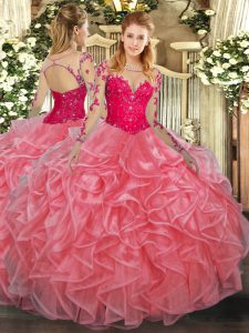 On Sale Lace and Ruffles Sweet 16 Dress Watermelon Red Lace Up Long Sleeves Floor Length