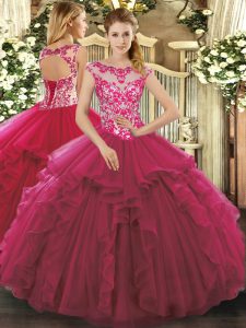 Fuchsia Organza Lace Up Quinceanera Gowns Sleeveless Floor Length Beading and Ruffles