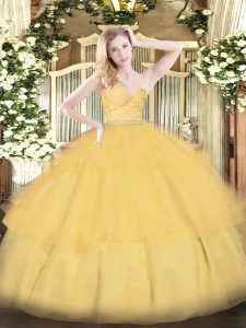 Super Gold Zipper Sweetheart Beading and Lace and Ruffled Layers Quinceanera Gowns Tulle Sleeveless