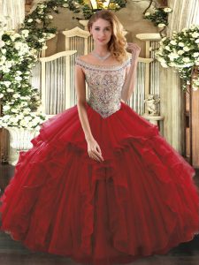 Sleeveless Floor Length Beading and Ruffles Lace Up Vestidos de Quinceanera with Wine Red