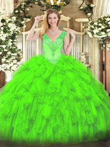 New Style V-neck Sleeveless Organza 15 Quinceanera Dress Beading and Ruffles Lace Up